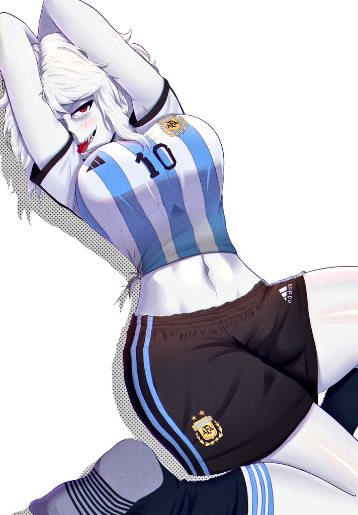 1girls albina_(tidal) argentina big_ass big_breasts blush busty curvy curvy_figure female female_only football football_uniform huge_breasts no_sex non-nude pose posing red_eyes seductive seductive_look soccer soccer_uniform solo solo_female sports_uniform sportswear tidal_(artist) tongue_out white-skinned_female white_hair white_skin