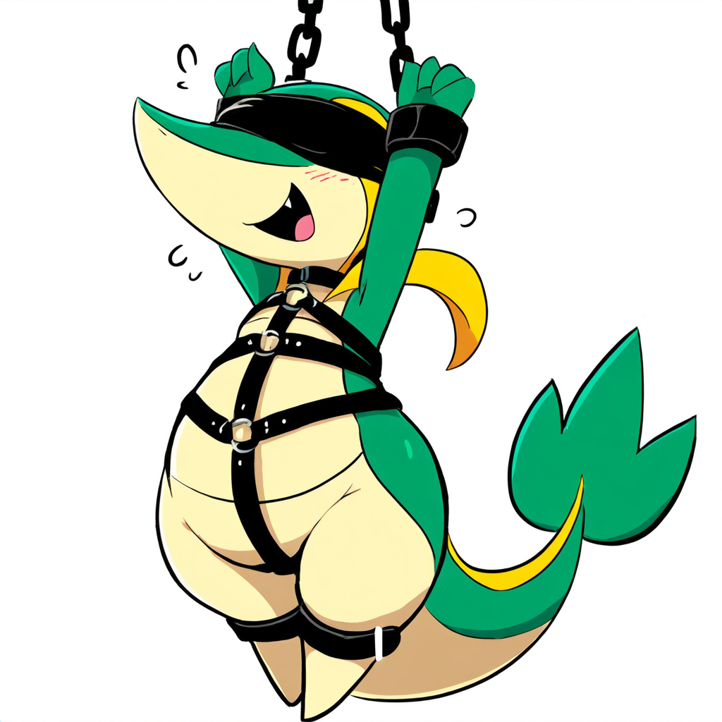 1:1 ai_generated anthro blindfold blush bondage bondage bound chains collar female generation_5_pokemon hellsonger hi_res nintendo open_mouth pokemon pokemon_(species) reptile restraints scalie simple_background snivy solo white_background