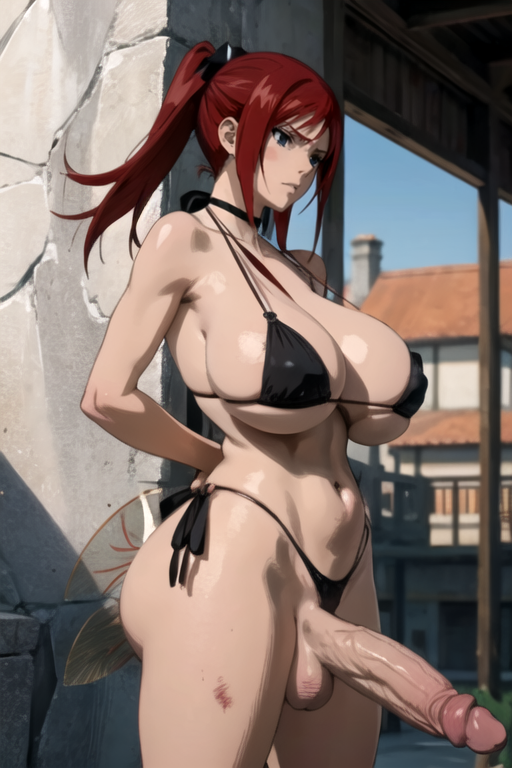 ai_generated balls bikini black_bkini erza_scarlet fairy_tail futanari huge_cock jaconicon red_hair tagme