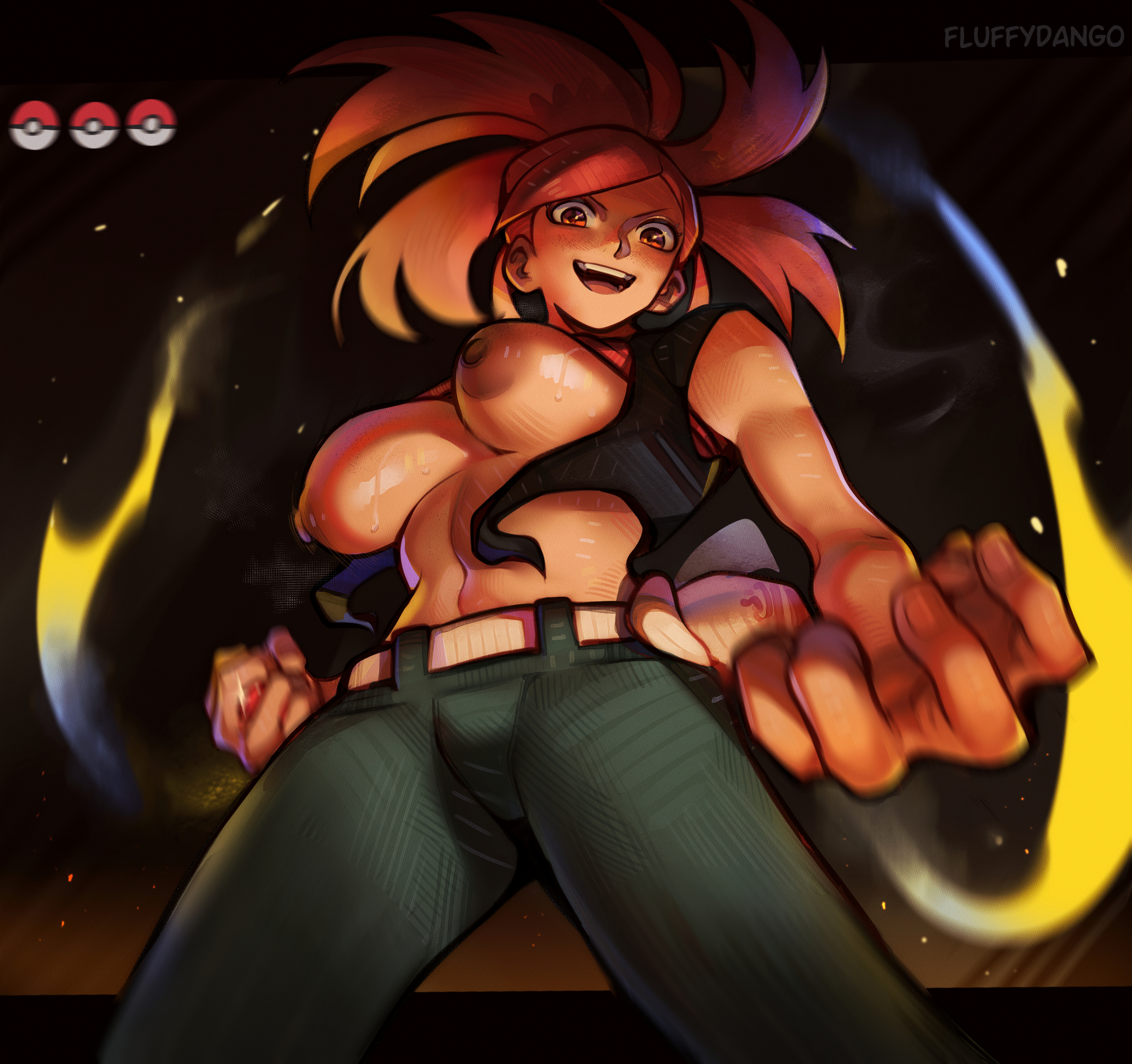 1girls, breasts, breasts out, crop top, female, flannery (pokemon), fluffydango, gym leader, hi res, human, jeans, light skin, light-skinned female, long hair, nintendo, pale skin, pokemon, pokemon oras, pokemon rse, red eyes, red hair, red-haired female, wardrobe malfunction