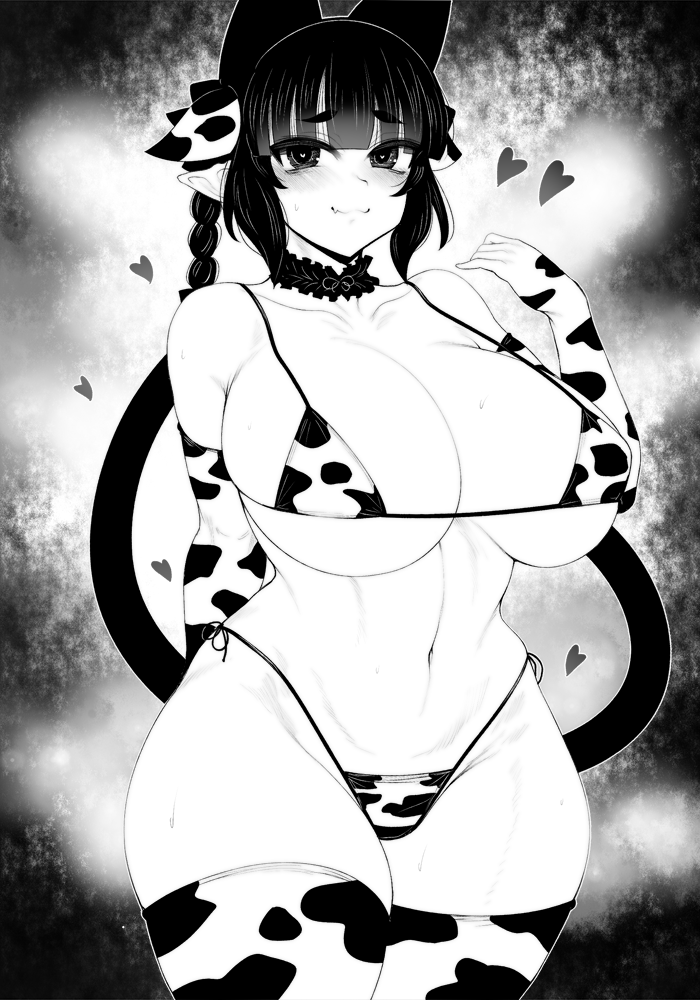 2_tails animal_ears animal_print blunt_bangs blush braid breasts cat_ears cat_girl cat_tail cleavage closed_mouth commentary_request cow_ears cow_print elbow_gloves female gloves greyscale groin haseru_(ginku_mh) heart huge_breasts kaenbyou_rin looking_at_viewer monochrome multi_ear multi_tail navel nekomata pointy_ears rin_kaenbyou short_hair solo tail thighhighs touhou