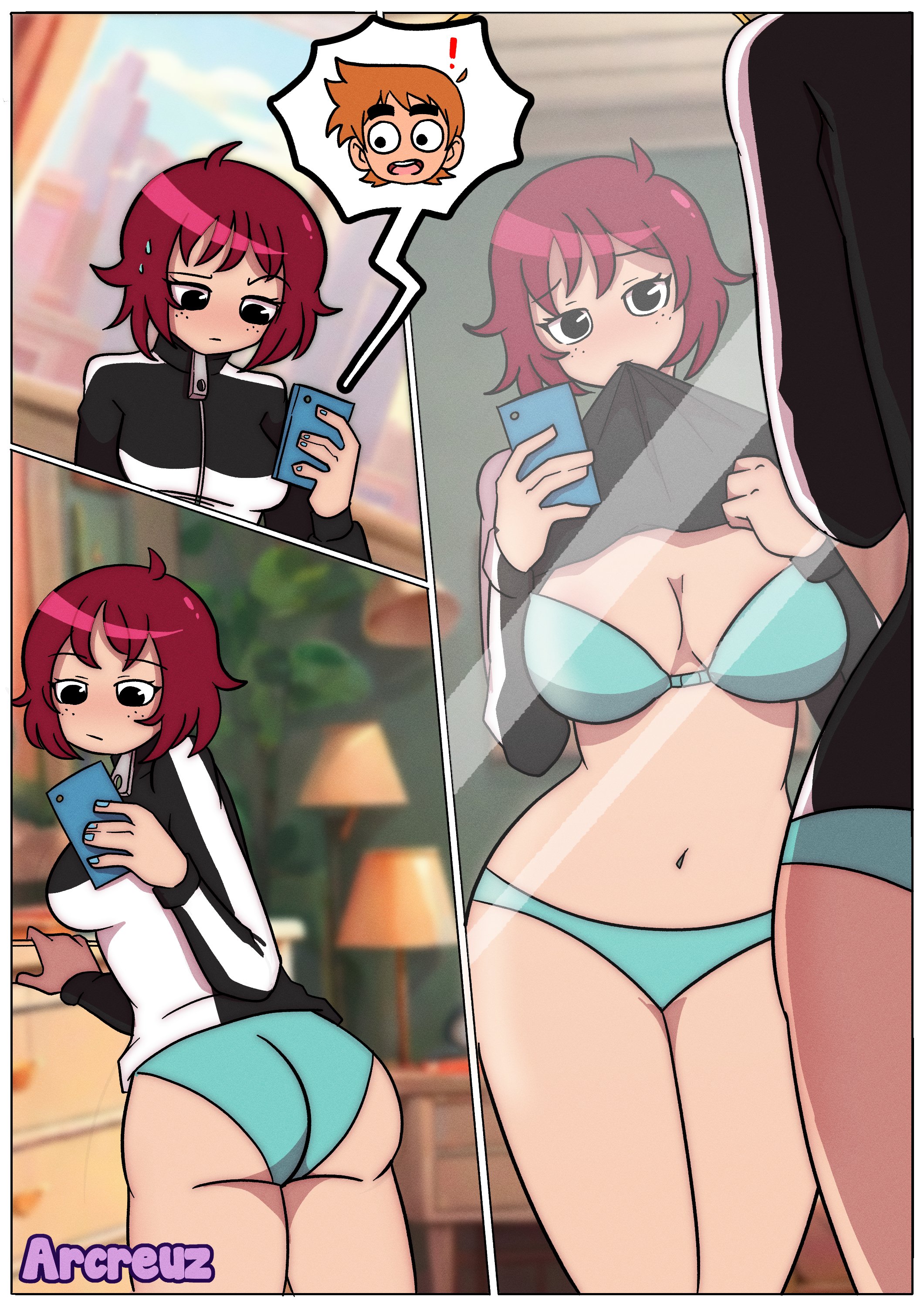 !, 1boy, 1girls, ahoge, arcreuz, ass, back view, black eyes, blue nails, blue underwear, female, freckles, holding object, jacket, jacket lift, kim pine, looking back, male, mirror selfie, nail polish, orange hair, panties, phone, presenting, red hair, scott pilgrim, scott w pilgrim, selfie, short hair, sweat, underwear