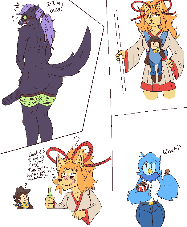 anthro ass avian big_breasts big_butt big_penis bird breasts canid canine ceroba_(undertale_yellow) ceroba_ketsukane chujin_(undertale_yellow) clover_(undertale_yellow) daydream dialogue drunk duo female femboy femboy_dilf fox fur furry genitals hair huge_cock human hung_trap kfc_bucket male mammal martlet_(undertale_yellow) nude penis ponytail signirsol solo substance_intoxication tail thick_thighs undertale undertale_(series) undertale_yellow wide_hips