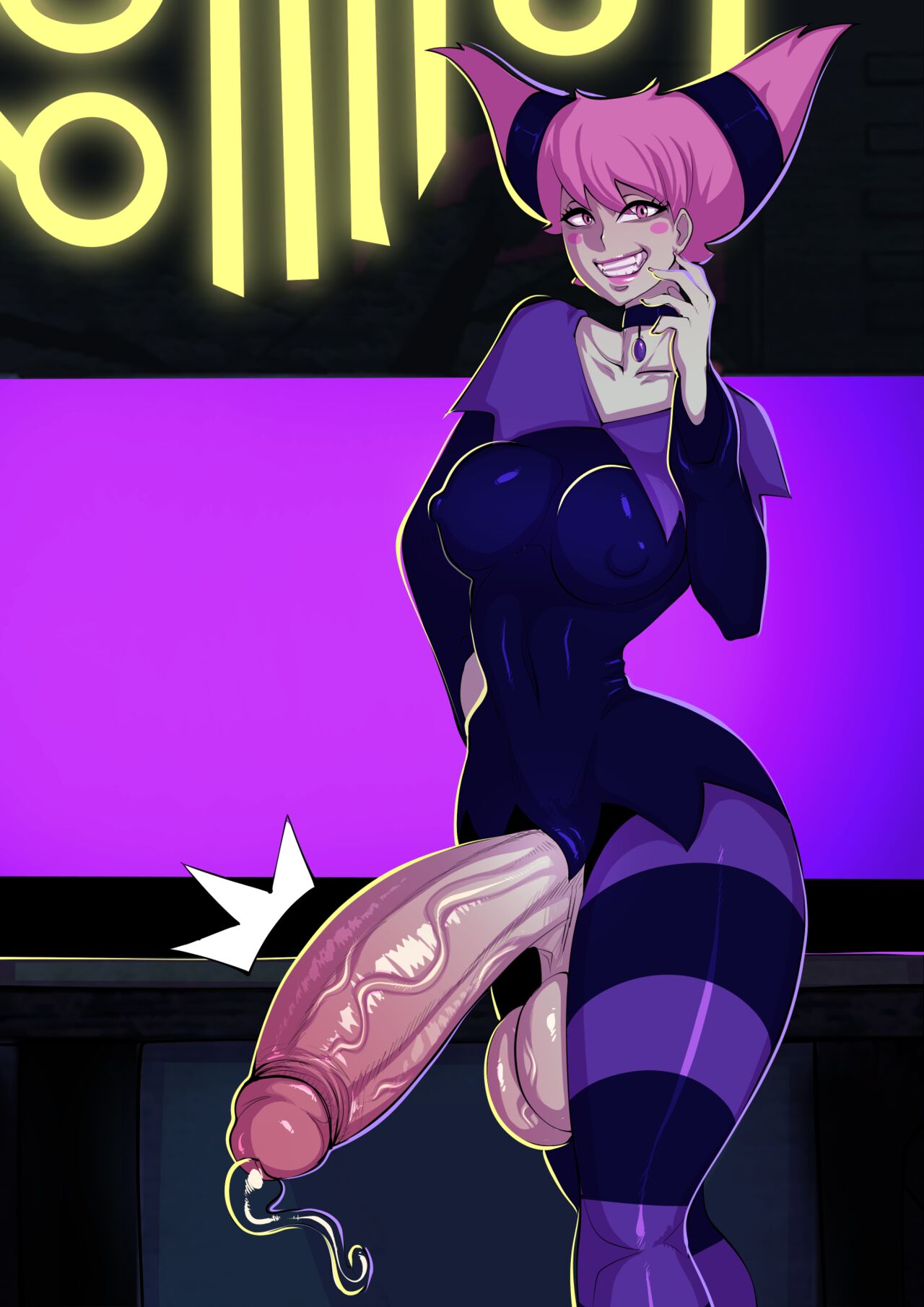 1futa balls breasts clothed clothing dc dc_comics futa_only futanari grey_body huge_balls huge_cock humanoid humanoid_penis jinx_(dc) mostly_clothed nipples_visible_through_clothing penis pink_hair precum snickerz solo source_request standing teen_titans thick_thighs wide_hips