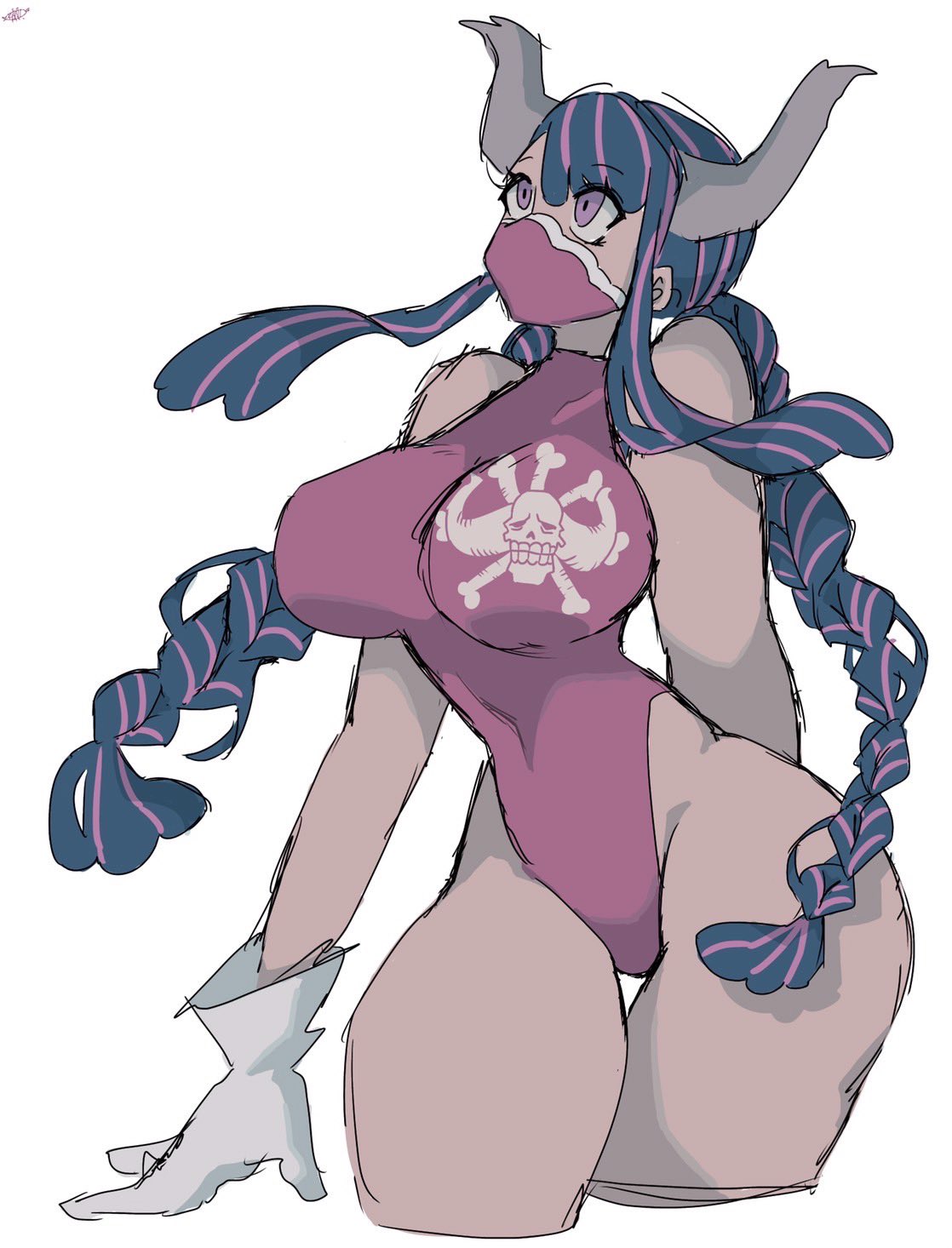 1girls, alternate costume, bare legs, bare thighs, big breasts, blue hair, blue-haired female, breasts, clothed, clothing, color, female, female focus, female only, gloves, hi res, horns, kanikanipan3740, large breasts, light skin, light-skinned female, long hair, mask, multicolored hair, one piece, pink eyes, ripped clothing, shounen jump, sketch, solo, solo female, tagme, thick thighs, ulti (one piece), white background