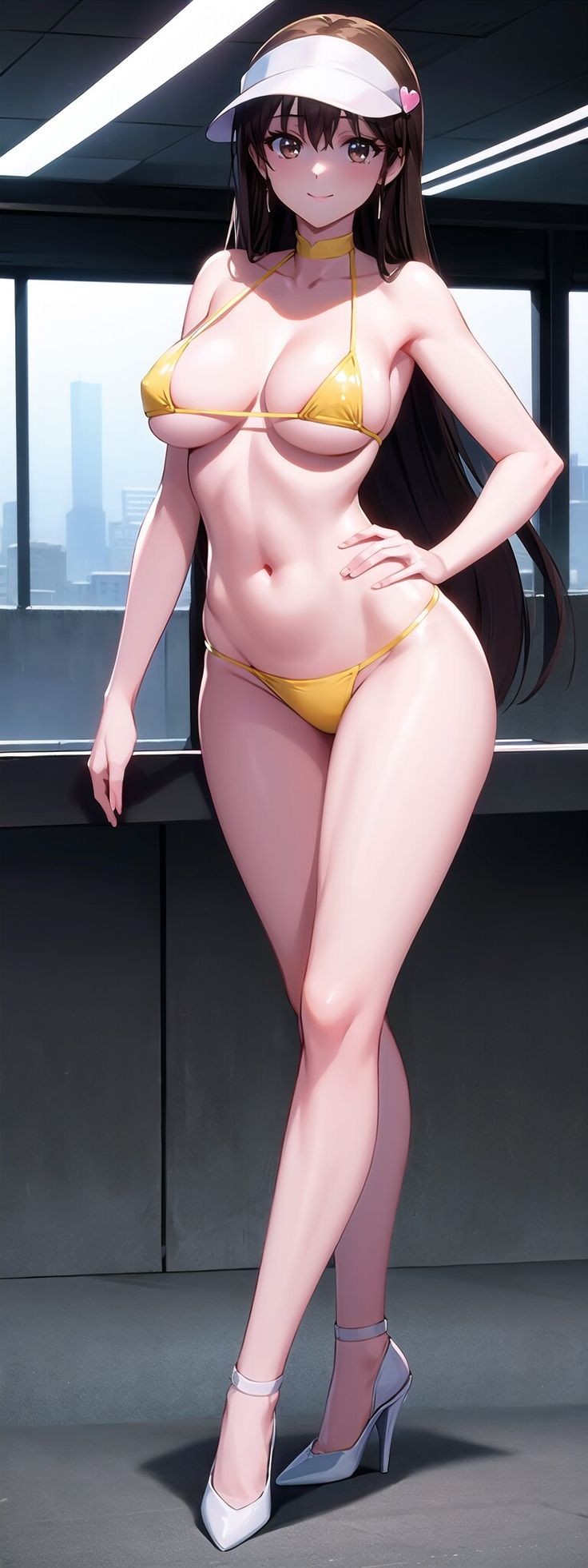 1girls ai_generated belly_button big_breasts bikini blush brown_eyes cap female future_gpx_cyber_formula high_heels long_hair long_legs slim_waist smile smiling smiling_at_viewer sugou_asuka teenager undersized_clothes wide_hips