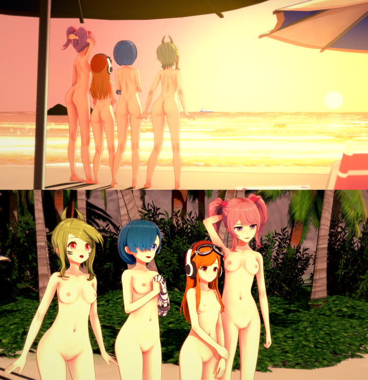 3d 3d_(artwork) 4girls beach female_only glitch_productions hortonryu human_meggy meggy_spletzer melony_(smg4) multiple_girls naked naked_female nude nude_female pussy saiko_bichitaru_(smg4) smg4 sunset tari_(smg4)