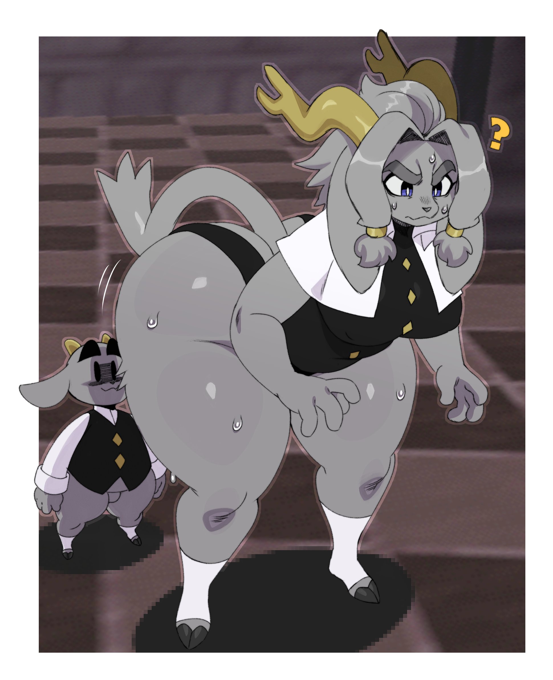 1boy, 1girls, 2024, anthro, ass, blue eyes, butler (pseudoregalia), digital media (artwork), female, furry, grey fur, huge ass, long ears, male, pseudoregalia, question mark, sssonic2, sybil (pseudoregalia), tail, thick thighs, video games