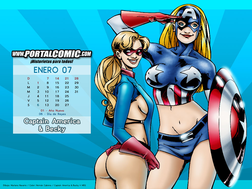 2007 2girls ass blonde_hair blue_eyes bucky_barnes captain_america captain_america's_shield captain_america_(series) erect_nipples female female_only gloves long_hair mariano_navarro marvel marvel_comics mask midriff navel ponytail rule_63 salute sideboob smile smiling steve_rogers straight_hair superheroine thong