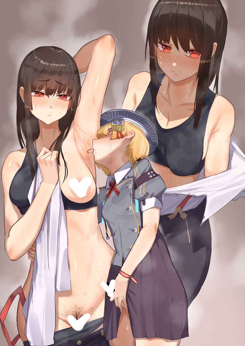 1futa 1girls areolae armpits bangs black_hair blonde_hair blush breasts censored clothed clothing duo female fully_clothed futanari hair_ornament heaven_burns_red human kikimifukuri large_breasts licking licking_armpit light-skinned_futanari light_skin long_hair maruyama_kanata masturbation mostly_clothed mostly_nude nipples penis pubic_hair red_eyes smell standing steam sweat yanagi_mion