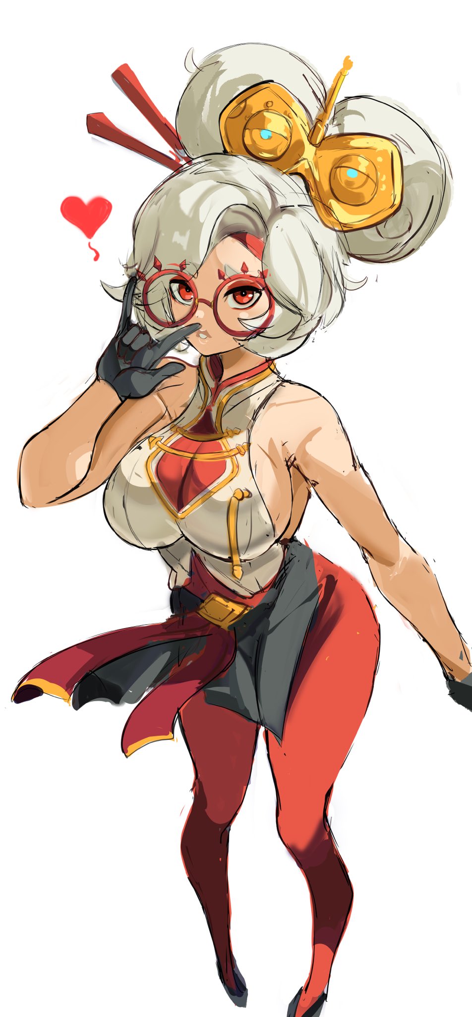 1girls, big breasts, black gloves, breasts, clothed, female, glasses, gloves, hair ornament, heart, looking at viewer, purah, purah (tears of the kingdom), rakeemspoon, red eyes, sleeveless shirt, solo, solo female, tears of the kingdom, the legend of zelda, v sign, white hair