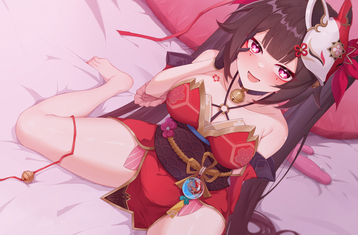 alternate version available, bare shoulders, barefoot, bell, bell collar, black hair, blush, female, female focus, female only, fox mask, hand on face, honkai (series), honkai: star rail, kemono, lying on bed, mask, red eyes, shoulder tattoo, sparkle (honkai: star rail), spread legs, symbol-shaped pupils, thick thighs