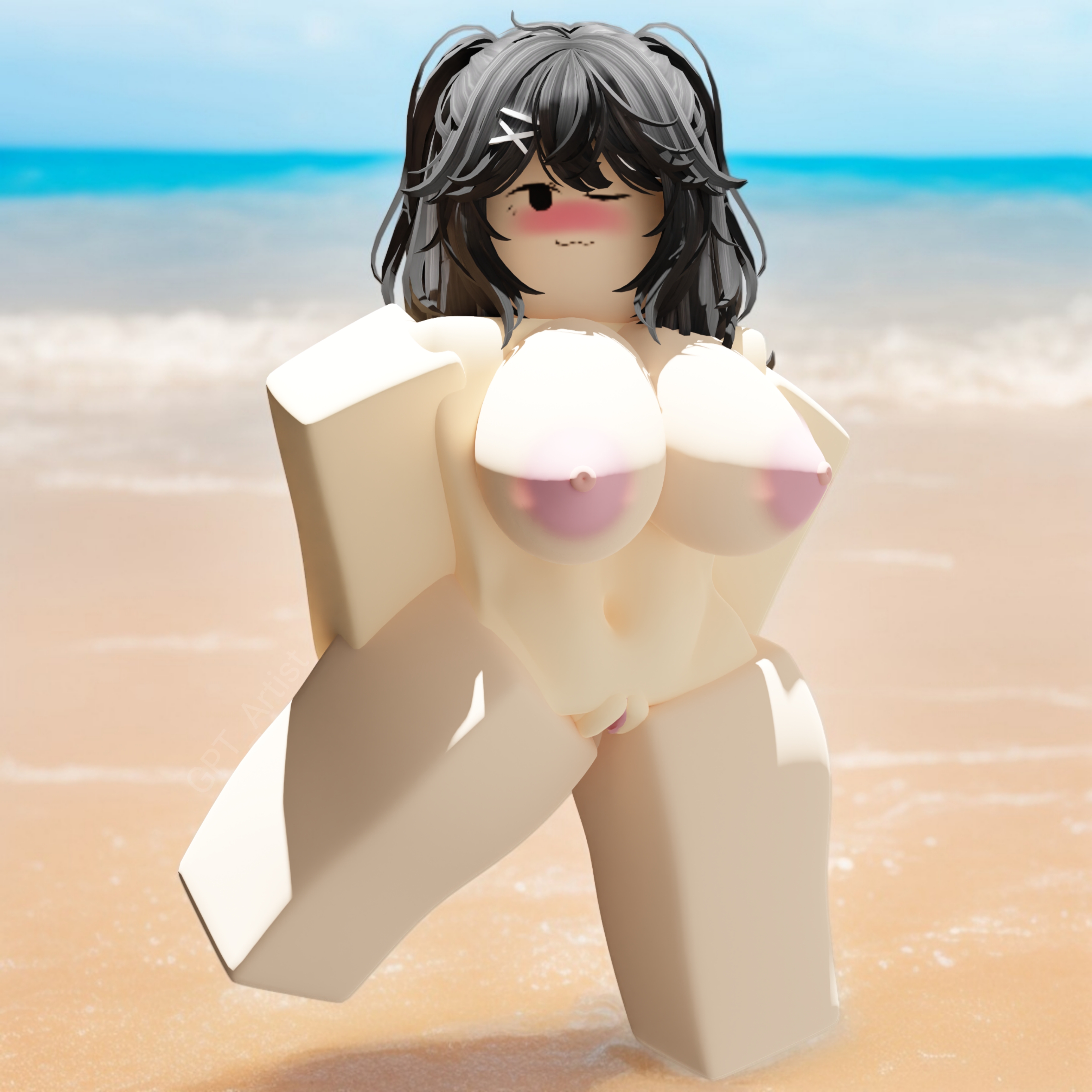:3, 1girls, 3d, 3d (artwork), arms behind head, beach, black hair, blush, breasts, completely nude, cute, female, female only, hands behind back, huge breasts, looking at viewer, medium hair, naked, naked female, nude, nude female, public, public nudity, render, roblox, robloxian, seaside, solo, solo female, standing, standing on one leg, tagme, tagme (artist)