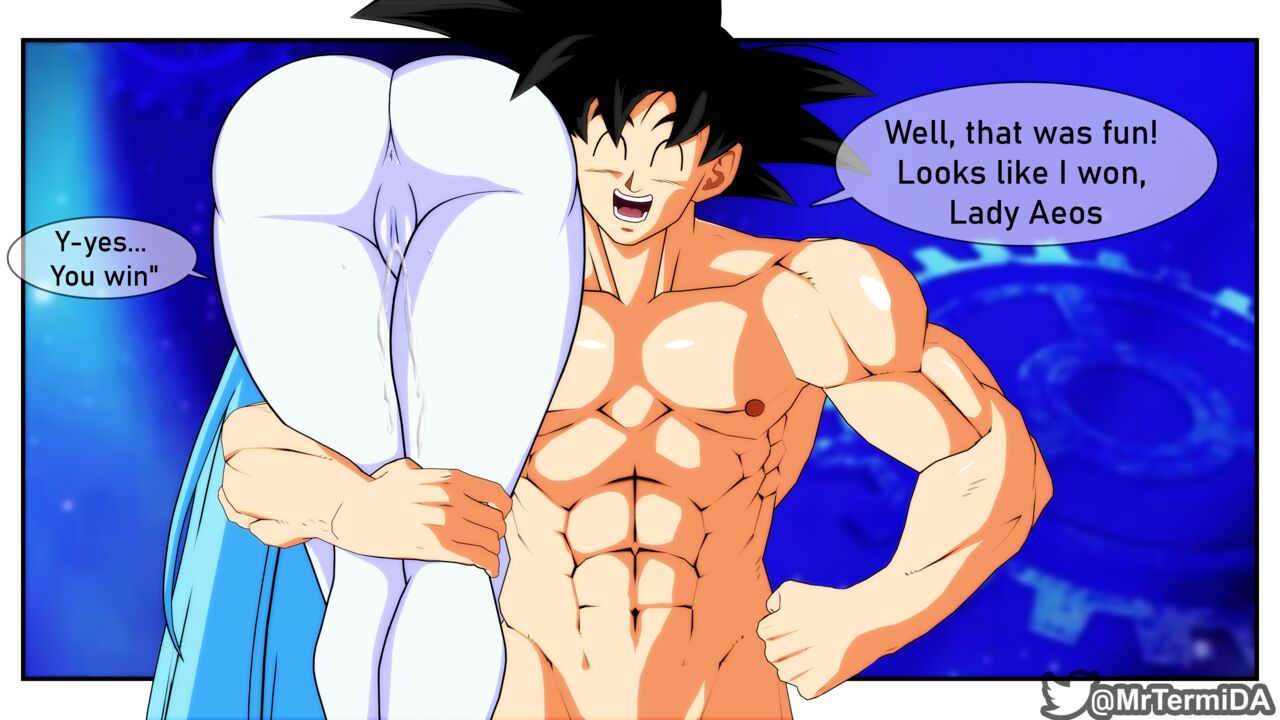 1boy 1girls aeos after_sex after_vaginal anus ass big_ass blue_hair blue_skin carrying_partner cum cum_dripping cum_dripping_out_of_pussy dialogue dialogue_bubble dragon_ball dragon_ball_heroes english_text female happy long_hair male mrtermida muscular_male pussy saiyan son_goku super_dragon_ball_heroes supreme_kai_of_time time_power_unleashed_form_(dragon_ball)