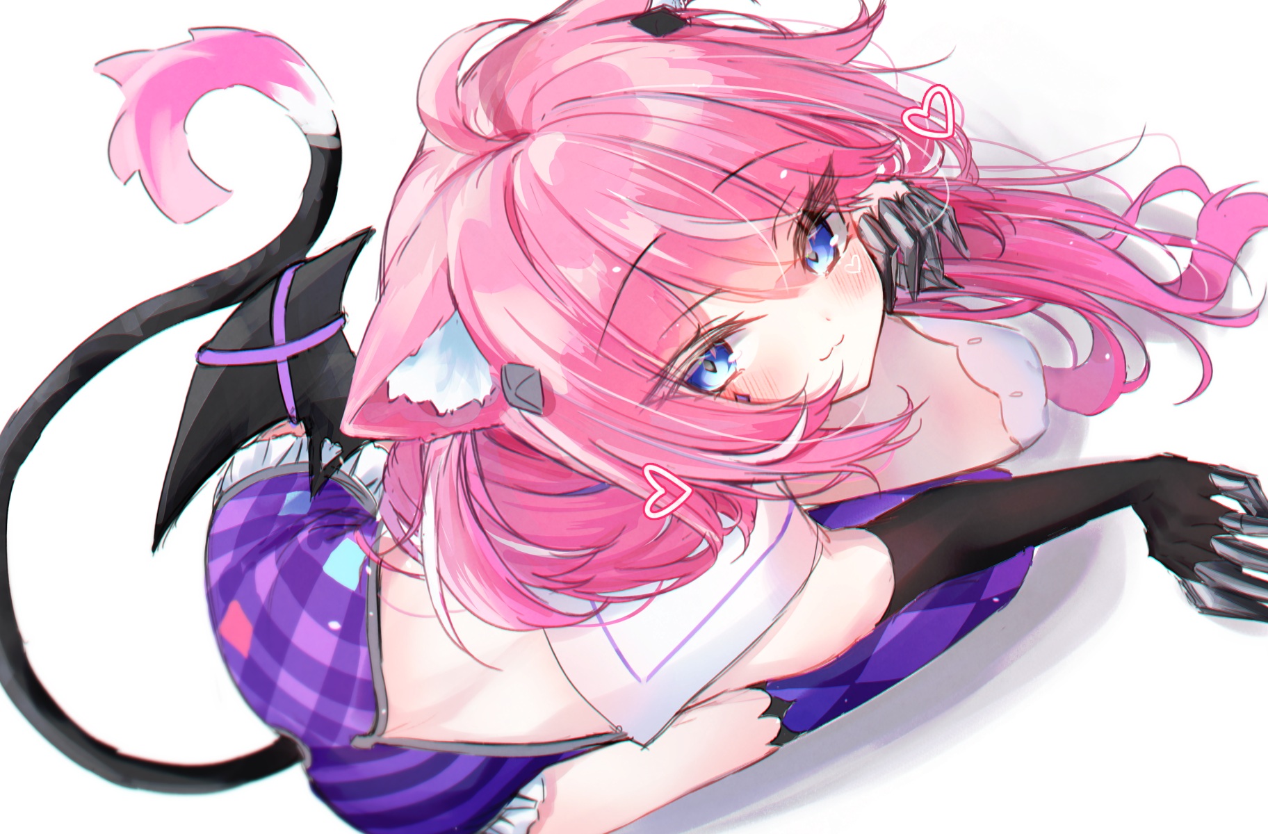 :3, ahoge, animal ear fluff, animal ears, bangs, black gloves, black wings, blue eyes, blush, breasts, camila (vtuber), cat ears, cat girl, cat tail, closed mouth, demon, demon wings, elbow gloves, female, frilled skirt, frills, gloves, heart, indie virtual youtuber, long hair, looking at viewer, lying, marking below eyes, medium breasts, on stomach, pink hair, purple skirt, simple background, skirt, smile, solo, succubus, tail, virtual youtuber, white background, wings