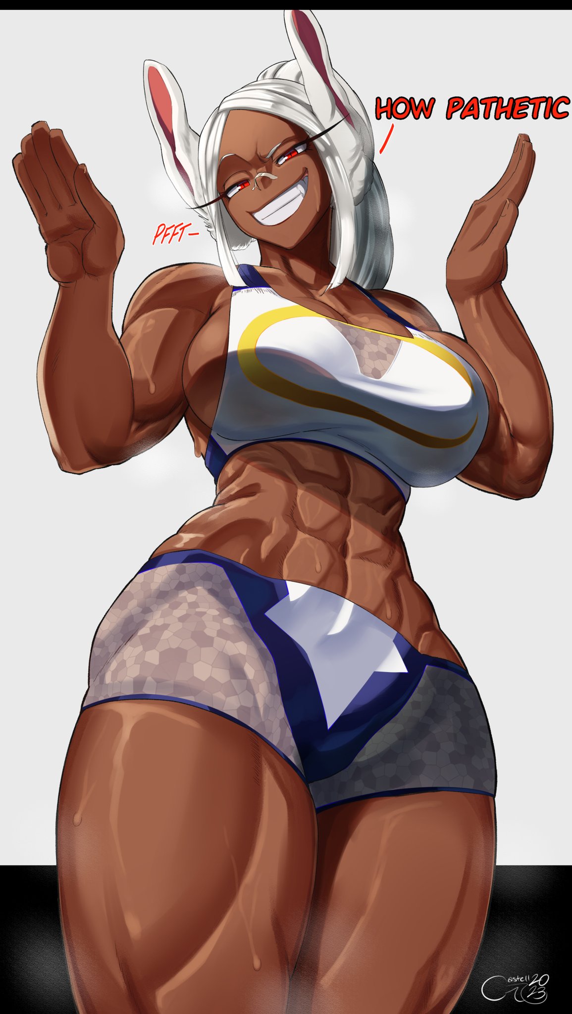 1girls abs big_breasts bunny_ears bunny_girl castell clothed clothing color dark-skinned_female dark_skin english_text female female_focus female_only fit_female gym_clothes hi_res large_breasts long_hair looking_at_viewer looking_down miruko muscular muscular_arms muscular_female muscular_legs muscular_thighs my_hero_academia red_eyes rumi_usagiyama smile solo solo_female superheroine tagme text white_hair