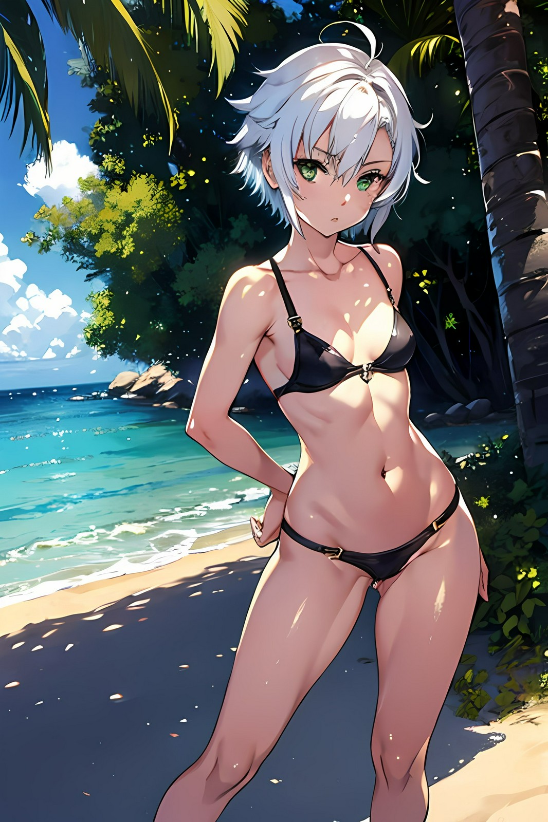 1female 1girls ai_generated beach belly belly_button bikini bikini_bottom bikini_top black_bikini breasts eiyuu_densetsu female female_only fie_claussell green_eyes looking_at_viewer palm_tree pose sand sen_no_kiseki short_hair silver_hair small_breasts solo stomach swimwear trails_of_cold_steel tree tummy water white_hair