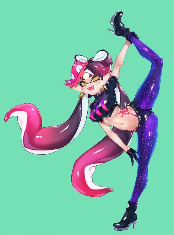 black_gloves body_markings boots breasts callie_(splatoon) earrings fangs female food food_on_head gloves inkling jewelry jtveemo medium_breasts non-web_source object_on_head octarian_tattoo octo_callie panties splatoon splatoon_(series) squid_sisters stretching tattoo tentacle_hair thighhighs underwear yellow_eyes