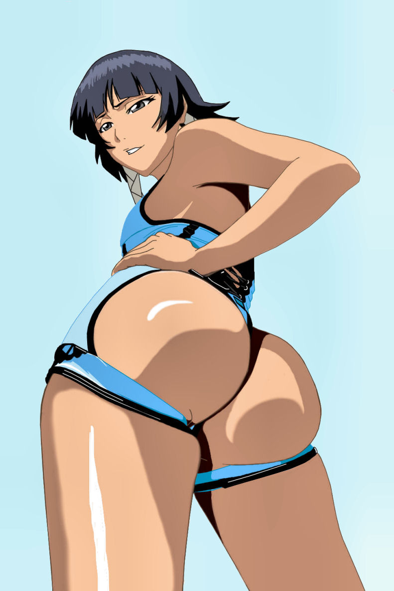 ass black_eyes black_hair bleach blue_hair dat_ass from_below looking_back short_hair simple_background soifon solo source_request ssjdubby tan thong tied_hair twintails