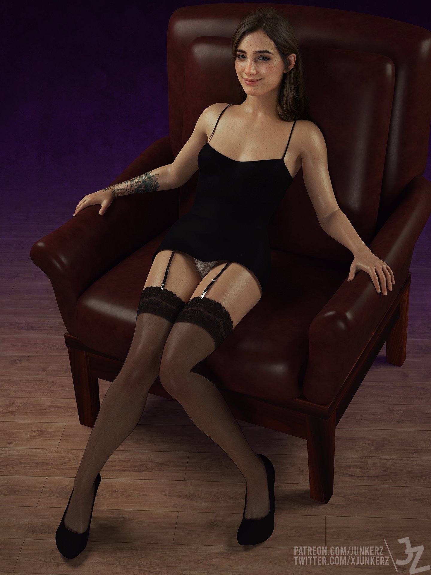 3d, athletic, athletic female, bare shoulders, breasts, busty, dress, ellie (the last of us), ellie williams, female, female focus, female only, freckles, garter straps, high heels, hourglass figure, junkerz, lace, lace-trimmed panties, lingerie, panties, short dress, sitting, small breasts, stockings, tagme, tattoo, the last of us, the last of us 2, upskirt, wide hips
