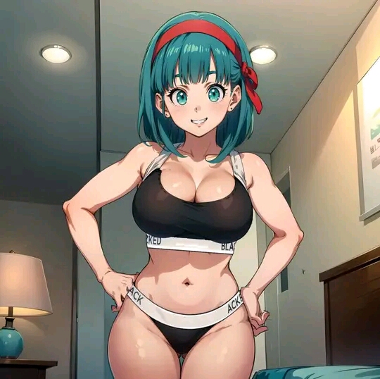ai generated, artist request, blacked, blacked clothing, blue eyes, blue hair, bulma briefs, bulma briefs (frieza saga), dragon ball, dragon ball (series), dragon ball z, female, female only, hand on hip, interracial, looking at viewer, smile, smiling, smiling at viewer, sports bra, sportswear, tagme