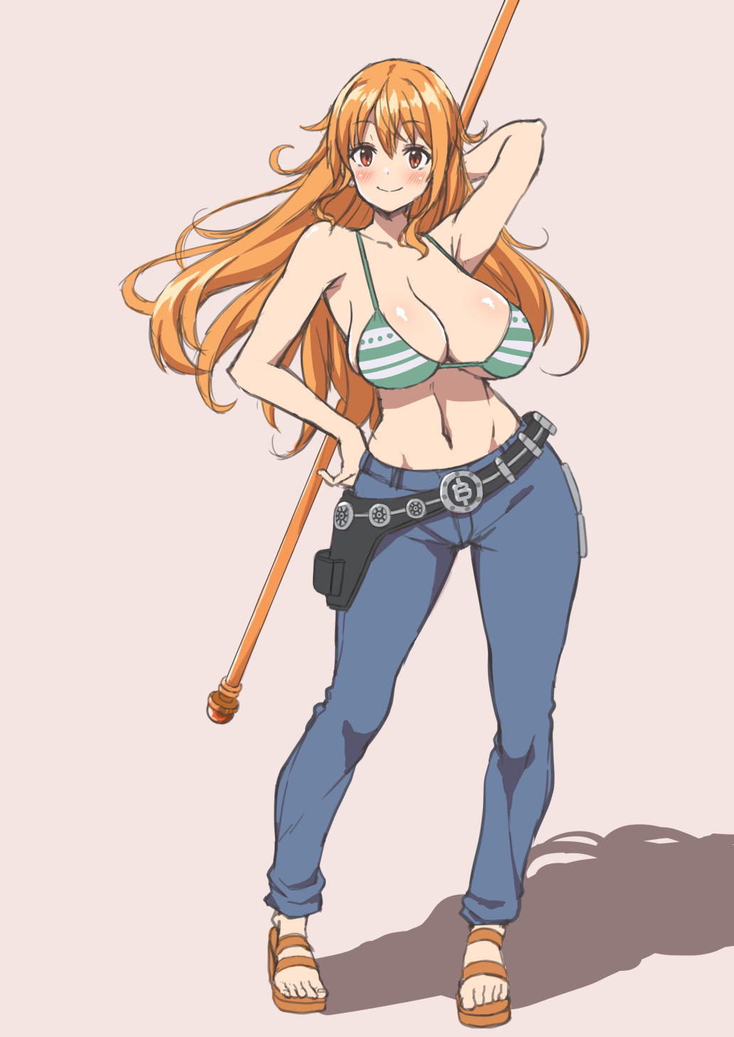 bad_id bad_twitter_id belt bikini bikini_top_only breasts clima-tact female female_only grey_background highres inactive_account jeans kojirou! large_breasts log_pose long_hair looking_at_viewer nami nami_(one_piece) one_piece orange_hair pants post-timeskip sandals solo standing swimsuit