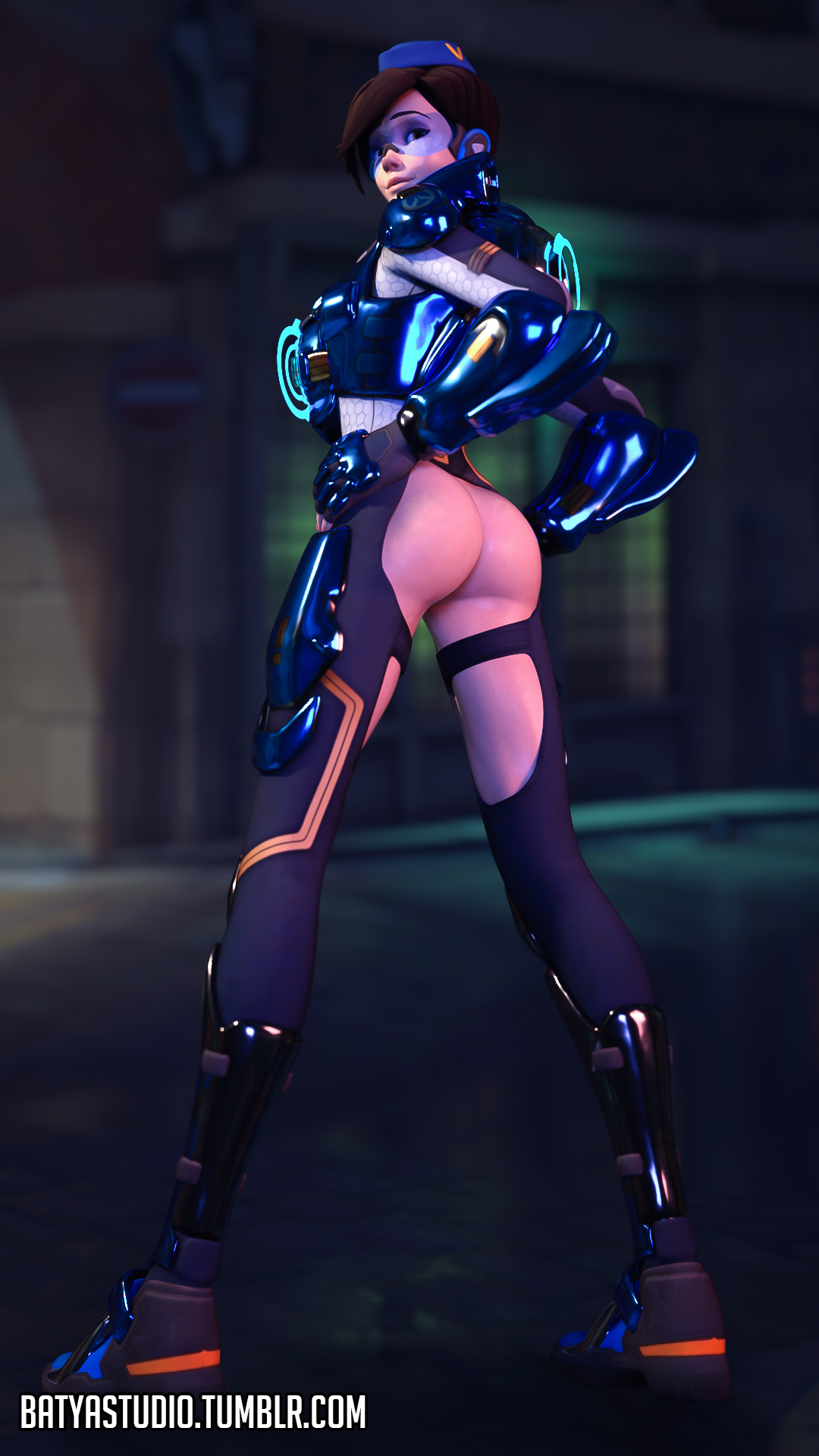 1girls, 3d, alternate costume, ass, batyastudio, blender, blizzard entertainment, brown hair, cadet oxton, female, female only, garrison cap, highres, looking at viewer, looking back, overwatch, short hair, solo, tracer