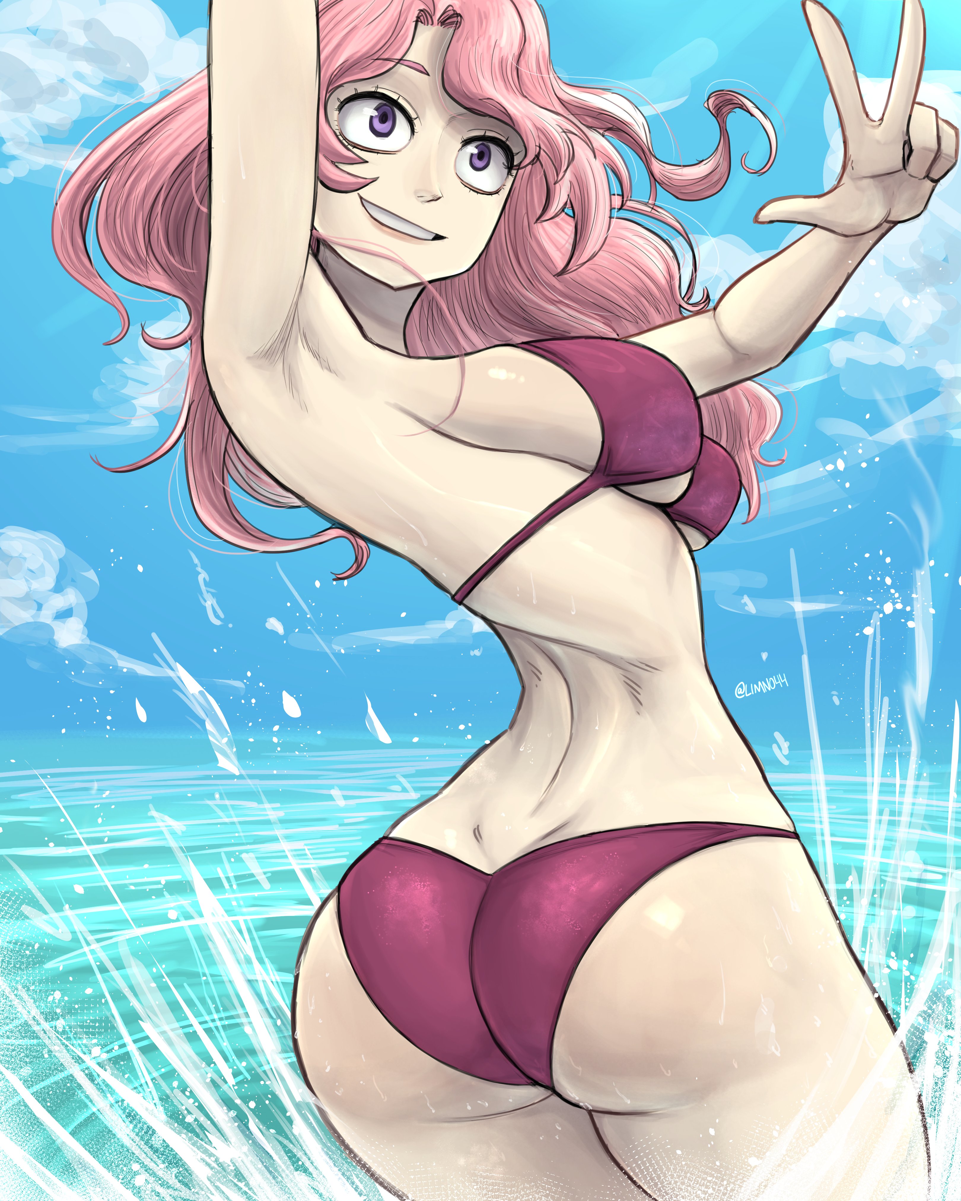 1girls, 2024, 2d, 2d (artwork), arched back, armpit, artist name, ass, beach, big ass, big breasts, big butt, bikini, bikini bottom, bikini top, black clover, breasts, clothed, clothed female, clouds, day, female, female only, light skin, light-skinned female, limn044, looking away, pawg, pink hair, playing, purple eyes, questionable, smiling, solo, solo female, thick ass, thick thighs, three-finger salute, vanessa enoteca, water, wavy hair