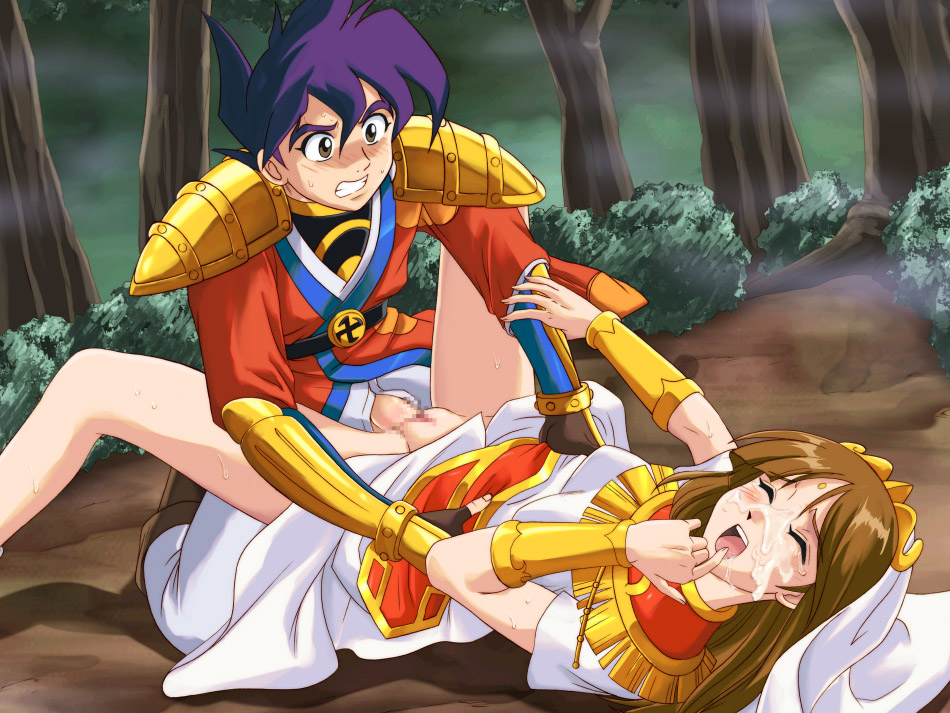 1boy1girl anal_penetration anal_sex brown_eyes brown_hair clothed_sex cum_on_face dick dirt female fog forest gold_(metal) gold_armor hole_in_pants kabuki_klash kinu male male/female manjimaru pants_open purple_hair pussy sex_on_floor tagme tengai_makyou vagina