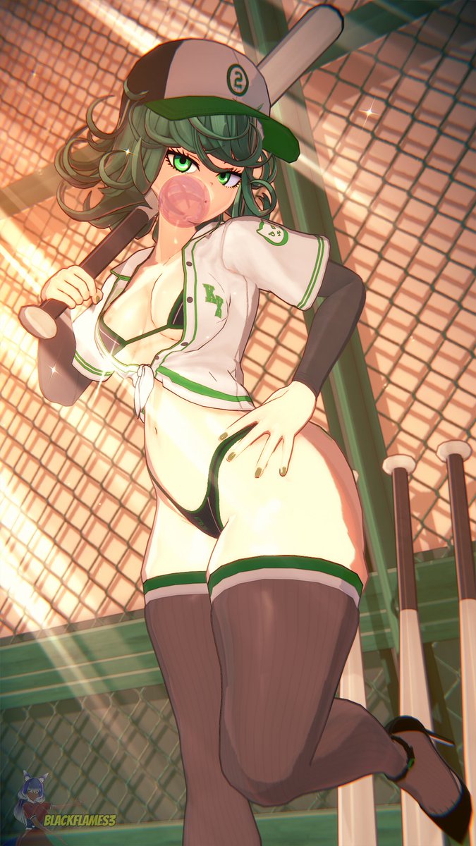 1girls 3d 3d_(artwork) artist_name baseball_bat baseball_cap baseball_uniform bikini blackflames3 blowing_bubblegum bra bubble_gum clothing female female_only green_eyes green_hair high_heels koikatsu light-skinned_female medium_breasts one-punch_man solo tatsumaki thick_thighs thigh_socks thong