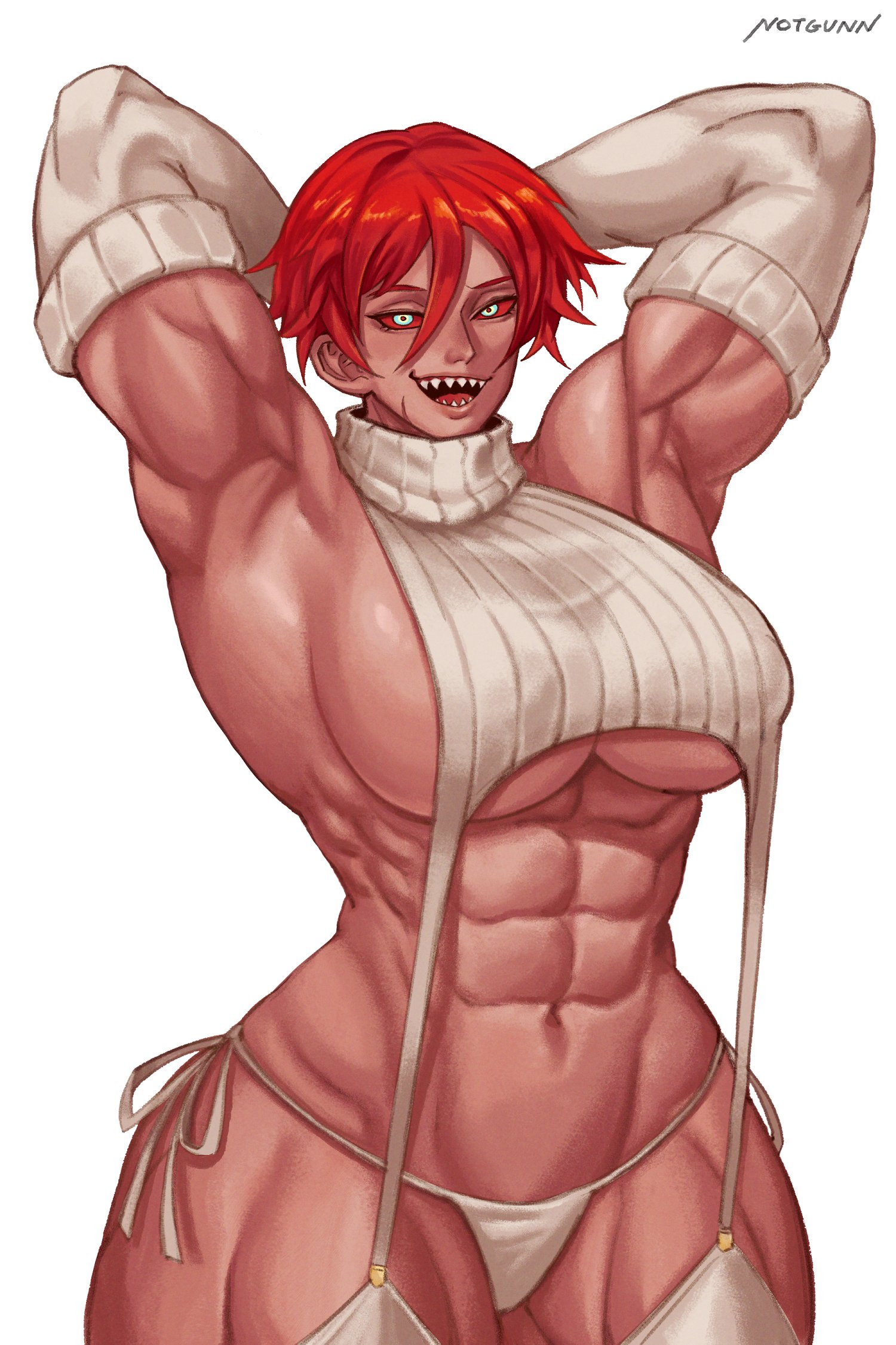 abs, athletic, athletic female, big breasts, breasts, female, gabriel (notgunn), muscular, muscular female, notgunn, original, sharp teeth