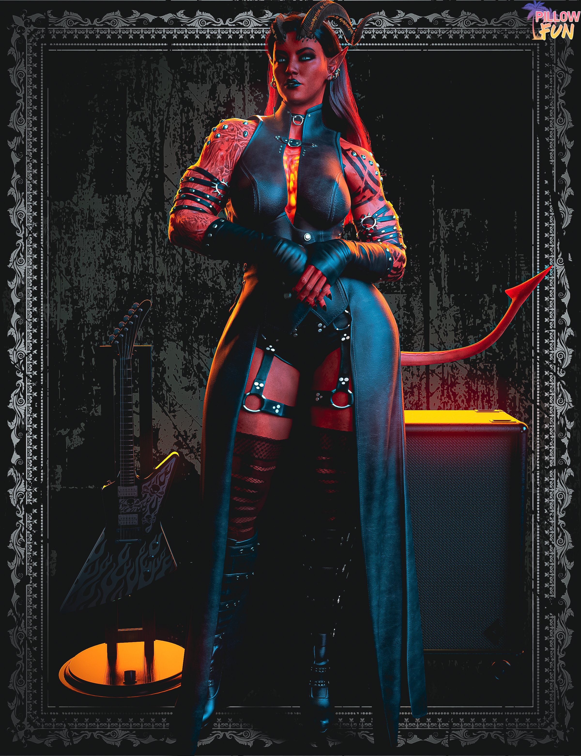 1girls, 3d, 3d (artwork), 3d model, abs, ass, athletic, athletic female, baldur's gate, baldur's gate 3, big ass, big breasts, breasts, demon horns, demon tail, dungeons and dragons, female, female only, goth, goth girl, horns, huge breasts, karlach, large breasts, muscular, muscular female, pillowfun, red body, red skin, shaved crotch, tail, thick, thick ass, thick thighs, tiefling, yellow eyes