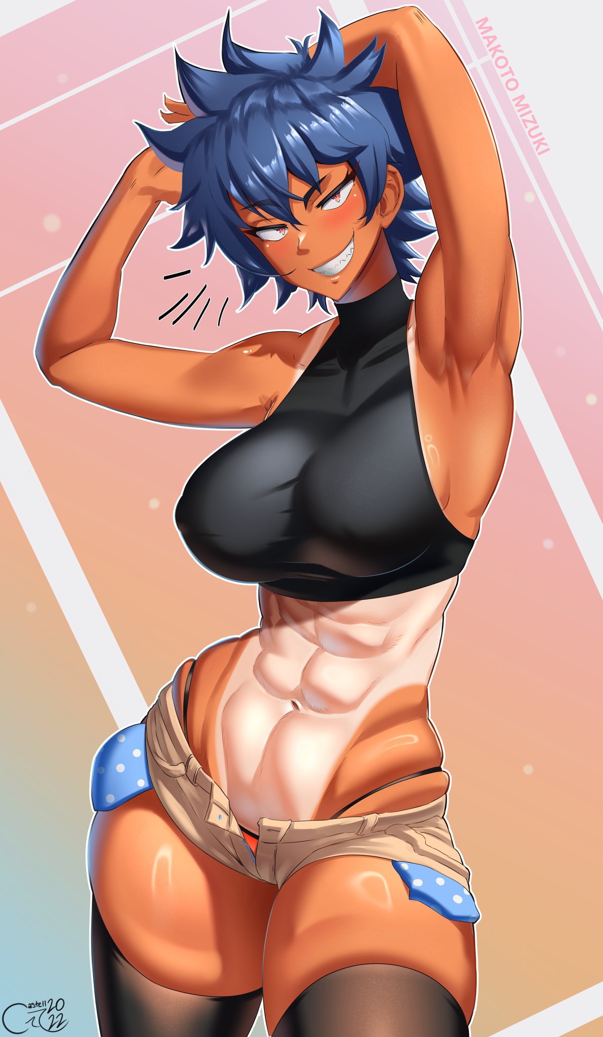 1girls, abs, armpits, arms behind head, arms up, athletic, athletic female, bare arms, bare shoulders, bare thighs, big breasts, blue hair, blush, breasts, castell, clothed, clothing, color, dark skin, dark-skinned female, female, female focus, female only, fit, fit female, hi res, large breasts, looking at viewer, makoto mizuki, muscular, muscular female, nipples visible through clothing, original character, panties, sharp teeth, short hair, shorts, slim waist, smile, solo, solo female, stockings, tagme, tanline, thick thighs, tomboy, wide hips