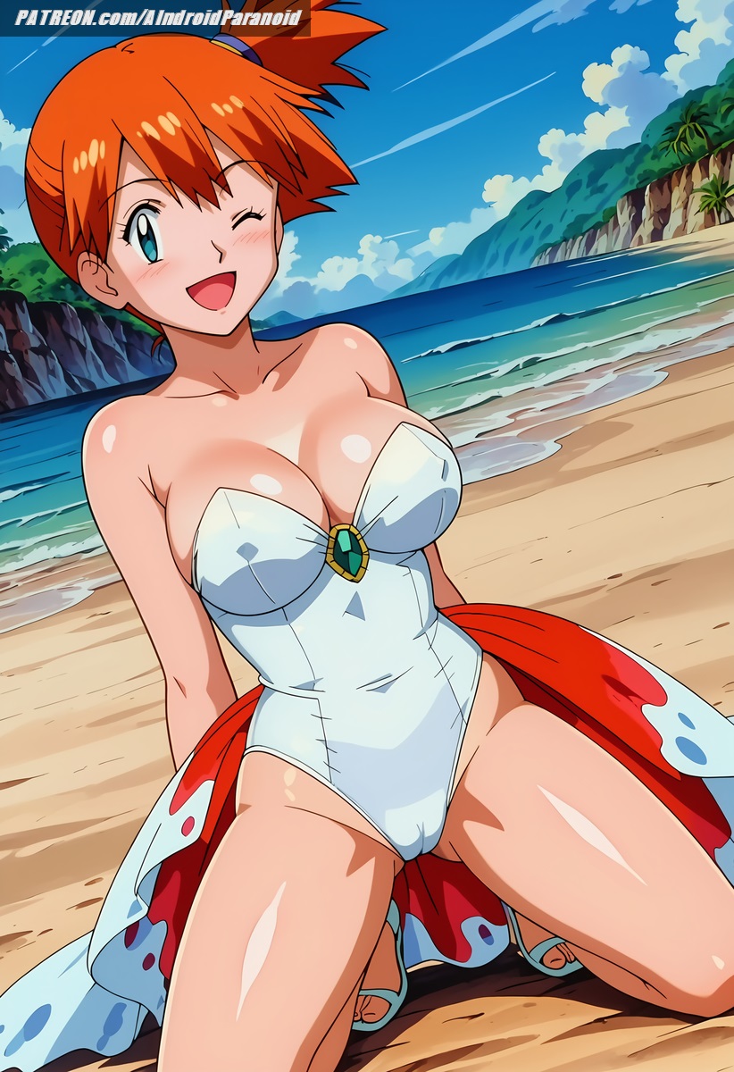 ai_generated aindroidparanoid ass beach big_breasts breasts busty cameltoe cleavage curvy diagonal_angle fat_ass female female_only green_eyes hips huge_breasts jpeg kasumi_(pokemon) large_breasts narrow_waist orange_hair pokemon pokemon_(species) pokemon_trainer posing red_hair sand slim_waist smile stable_diffusion swimsuit voluptuous