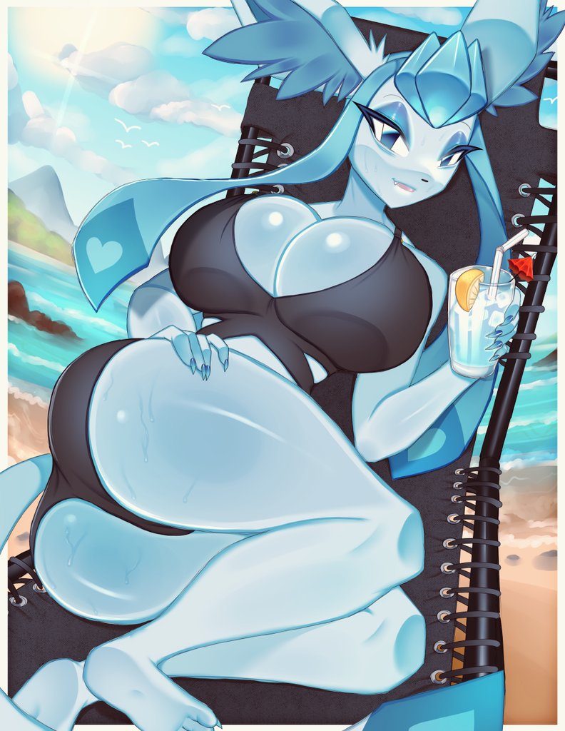 1girls 2023 beach beach_chair big_breasts bikini blue_eyes commission drink eeveelution female female_only generation_4_pokemon glaceon glass holding_glass looking_at_viewer lying lying_on_back nintendo no_humans pokémon_(species) pokemon pokemorph seaside smiling smiling_at_viewer solo succumbeon thick_thighs