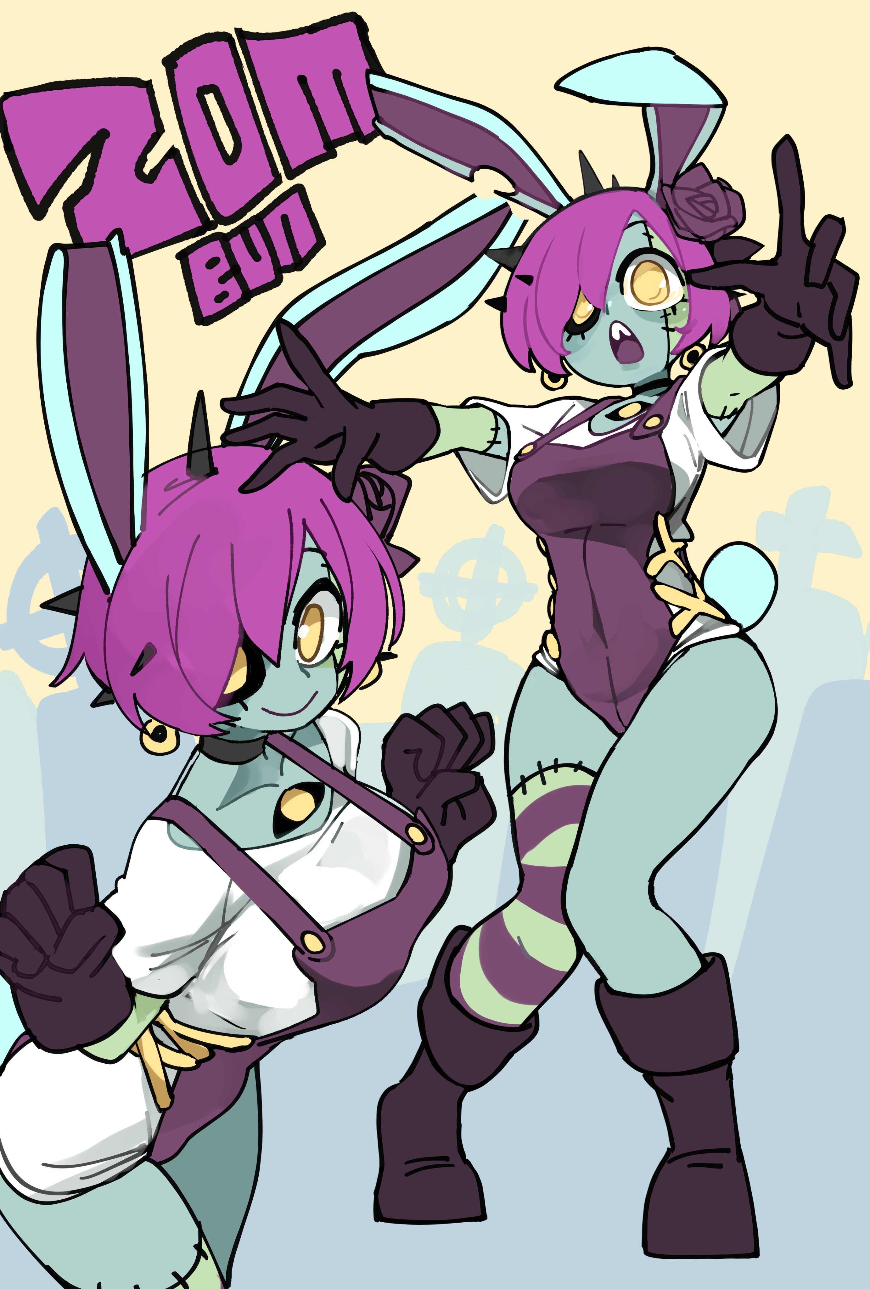 1girls, absurd res, bongfillstudent, boots, bunny ears, bunny girl, bunny industry (bongfillstudent), bunny tail, female, female only, flower in hair, gloves, joints, looking at viewer, one thighhigh, original, original character, purple hair, smiling, smiling at viewer, solo, spikes, striped thighhighs, text, thighhighs, yellow eyes, zombie, zombie girl