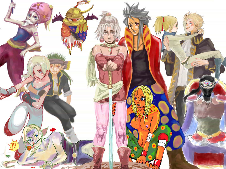 4girls 6+boys 7boys areola bandana blonde_hair breasts celes_chere cleavage clothes_swap edgar_roni_figaro facial_hair final_fantasy final_fantasy_vi gau_(final_fantasy_vi) gogo_(final_fantasy_vi) gray_hair green_hair hair kefka_palazzo locke_cole mash_rene_figaro mog multiple_boys multiple_girls navel nipples relm_arrowny sabin_rene_figaro setzer_gabbiani shadow_(clyde) shadow_(final_fantasy_vi) strago_magus tagme terra_branford topless weapon white_hair