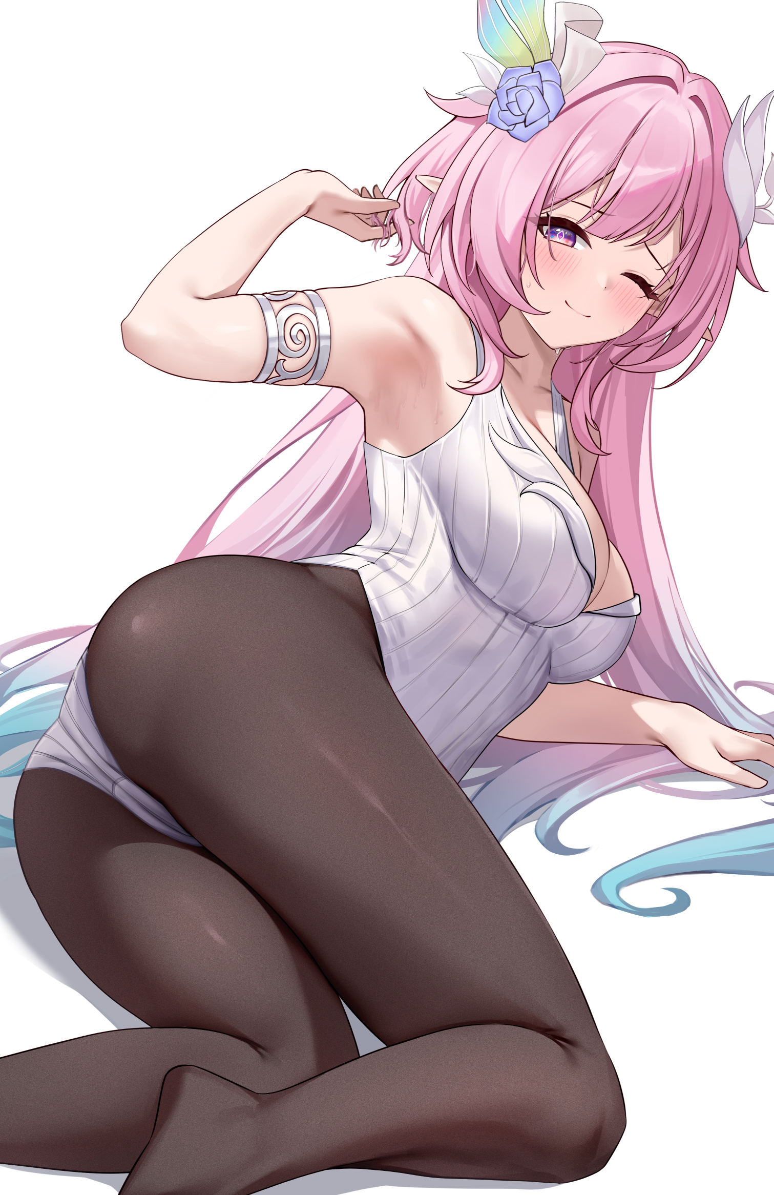 1girls, ass, ass focus, cyrene (honkai: star rail), cyrene (ripples of past reverie) (honkai: star rail), demiurge (honkai: star rail), honkai: star rail, hoyoverse, leotard, long hair, lunacle, mihoyo, pantyhose, pink hair, purple eyes, very long hair, white background, white leotard