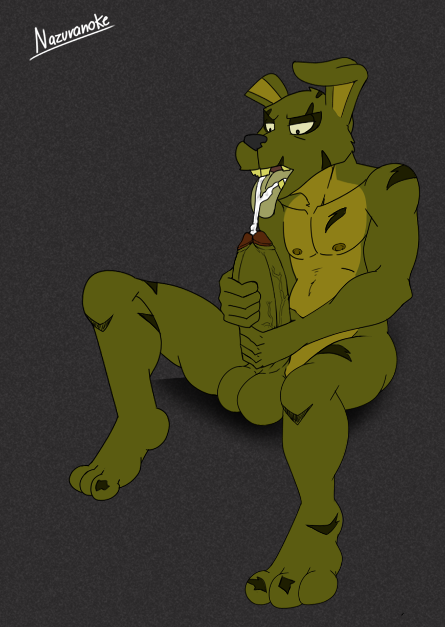 anthro balls big_penis bodily_fluids cum cum_in_mouth cum_inside five_nights_at_freddy's five_nights_at_freddy's_3 genital_fluids genitals handjob hi_res lagomorph leporid male male_only mammal nazuranoke penile penis rabbit scottgames sex solo springtrap springtrap_(fnaf) watermark