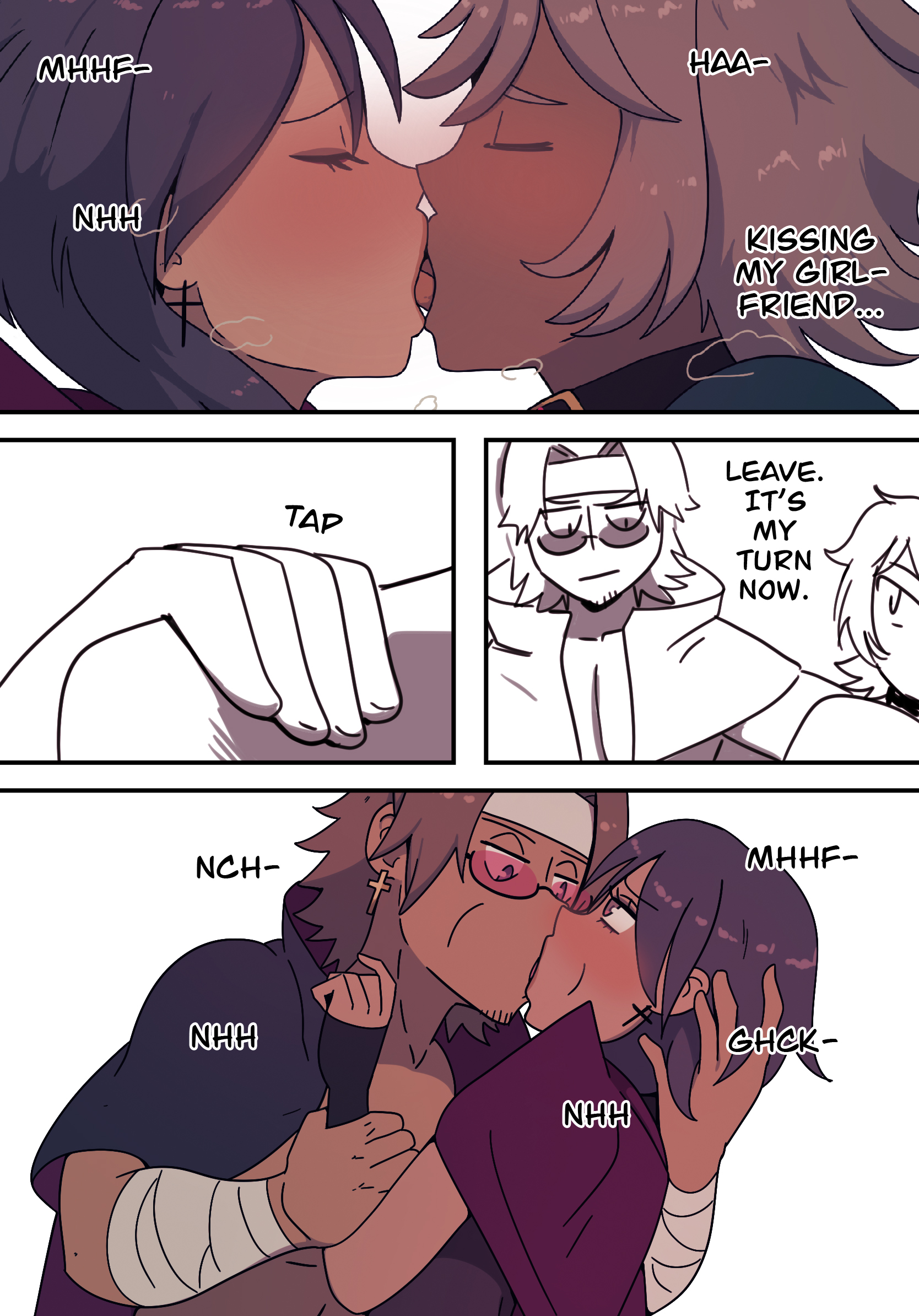 1girls, 2boys, artificial blood, black hair, blush, brown hair, colored, comic, dark skin, dark-skinned male, dialogue, eadric (artificial blood), english text, female, hasselnut, hi res, kissing, light skin, light-skinned male, lucille (artificial blood), male, speech bubble, sunglasses, tongue kiss, white background, wolfgang bang