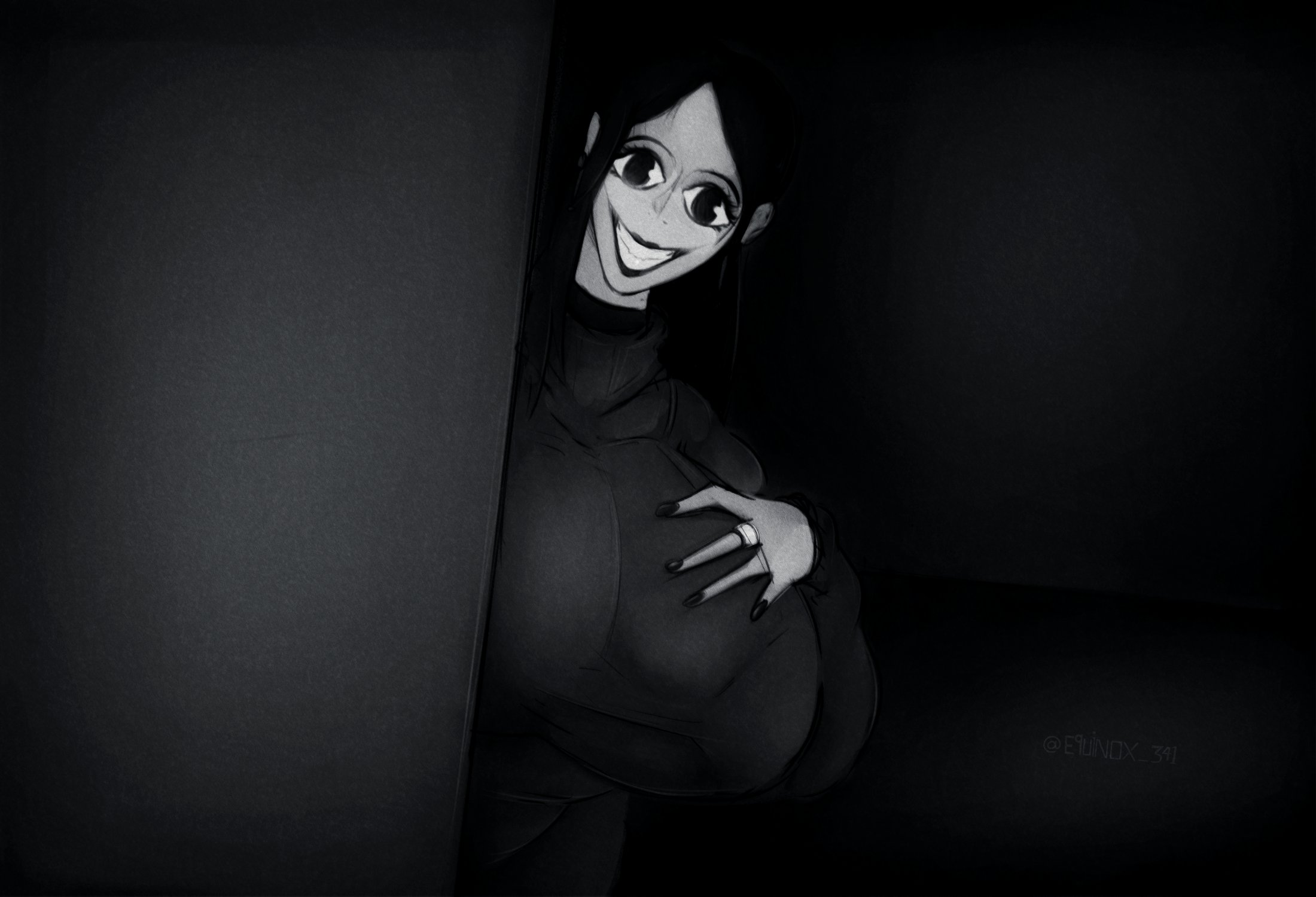 alternate (mandela catalogue), big breasts, black hair, breasts, creepy, equinox 341, female, huge breasts, light skin, light-skinned female, looking at viewer, mandela catalogue, nightmare waifu, pale skin, pale-skinned female, uncanny valley
