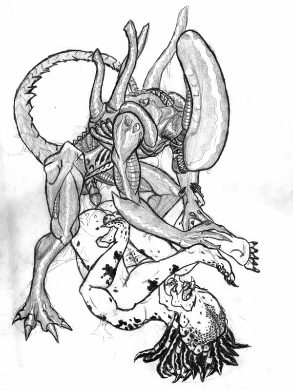 2boys alien alien_(franchise) alien_only alien_vs_predator black_and_white interspecies male male_only male_xenomorph monochrome monsterbait multiple_males predator predator_(franchise) white_background xenomorph yaoi yautja