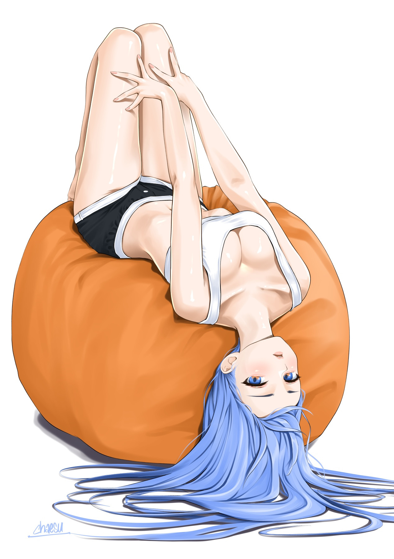 1girls, bean bag, blue eyes, blue hair, breasts, chaesu, clothed, female, long hair, looking at viewer, minah, open mouth, original, original character, pose, posing, shorts, stomach, tank top, thighs