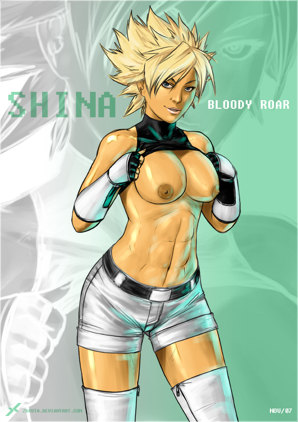 1girls abs blonde_hair bloody_roar breasts female large_breasts navel nipples shina_the_leopard smile topless zakuta