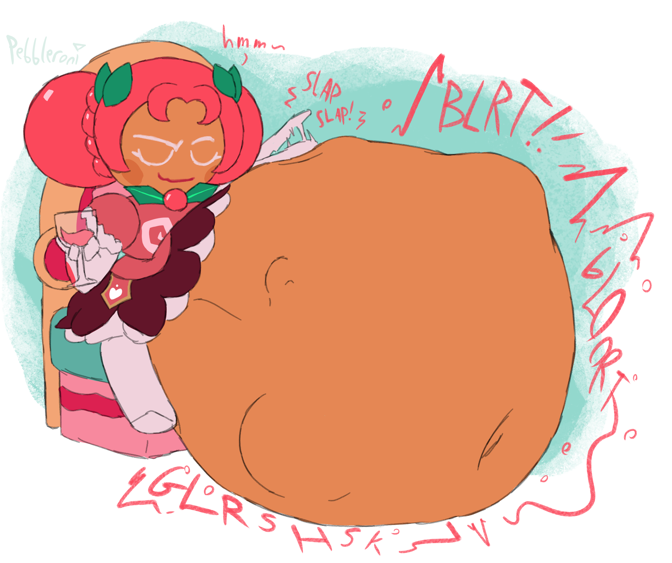 cookie run, cookie run kingdom, eternal sugar cookie, holding wine, hollyberry cookie, patting belly, pebbleroni, pitaya dragon cookie, smirk, struggling, struggling prey, vore, vore belly, wine, wine glass