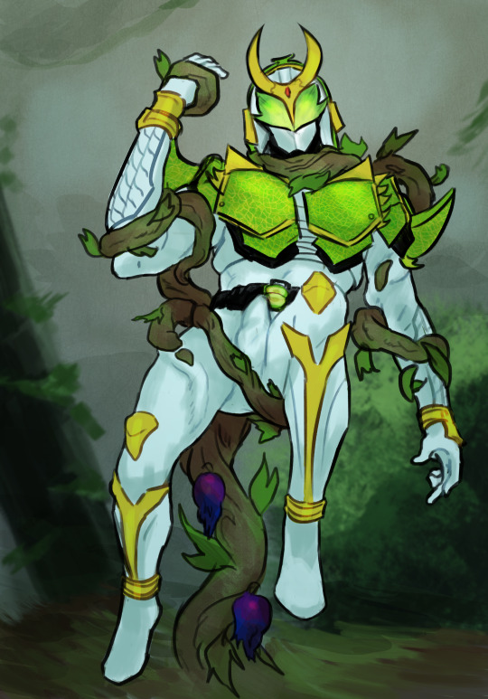 1boy armor armored_male belt erect_penis erection erection_under_bodysuit erection_under_clothes forest forest_background fruit green_armor green_eyes helmet horned_helmet kamen_rider kamen_rider_gaim_(series) kamen_rider_zangetsu leg_lift leg_up male_focus male_only masked masked_male melon solo tentacle tentacle tentacles_around_arms tentacles_on_male tied tied_up tree vine_bondage vines white_armor white_bodysuit yellow_armor