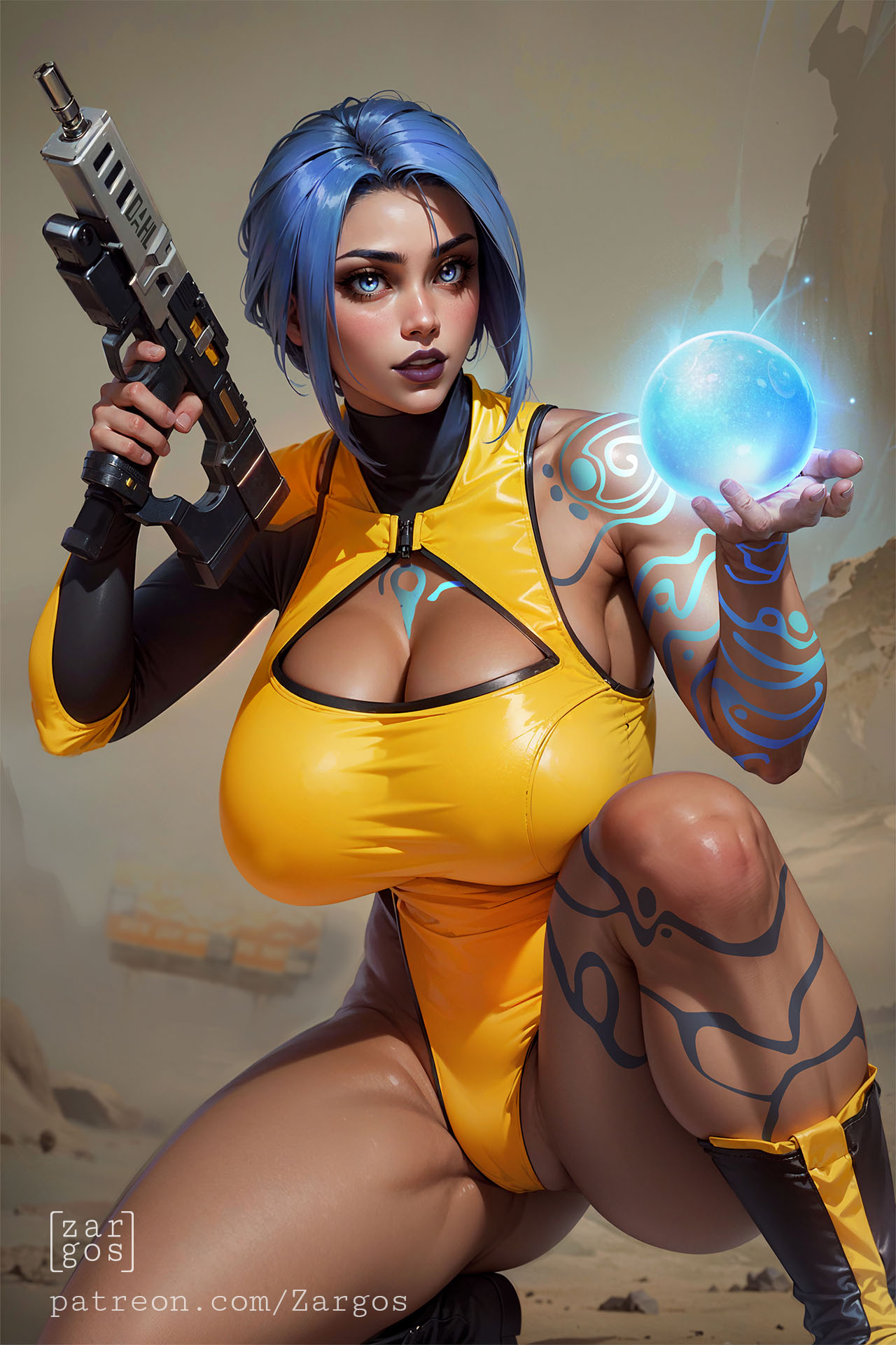 2k_games ai_generated athletic big_breasts blue_eyes blue_hair boots borderlands breasts breasts cameltoe crouching female female gun jumpsuit leotard maya_(borderlands) realistic short_hair solo tattoo weapon wide_hips zargos