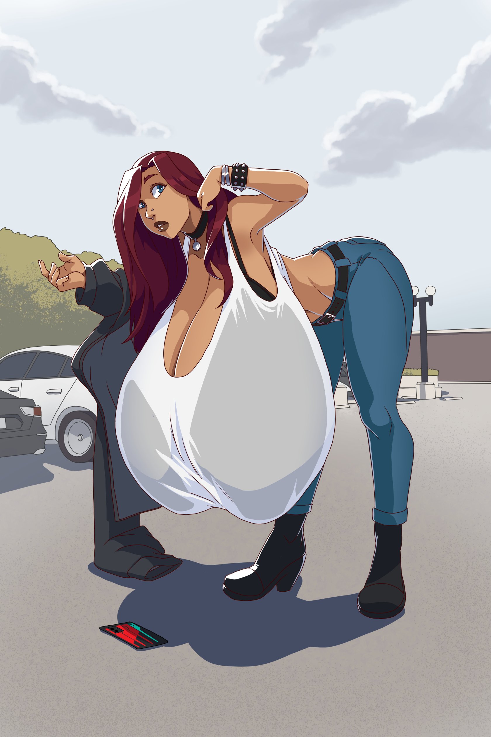 1girls, 5 fingers, armpits, big breasts, blue eyes, breasts, breasts bigger than head, breasts bigger than torso, car, cloud, female, female only, gigantic breasts, huge breasts, hyper breasts, icymasamune, jacket, nose piercing, parking lot, phone, red hair, sky, tan skin, tan-skinned female, tank top