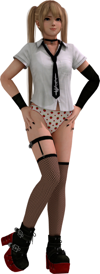 3d blonde_female dead_or_alive fishnet_stockings fullofinsanity marie_rose necktie panties school_uniform strawberry_panties strawberry_print transparent_background xnalara