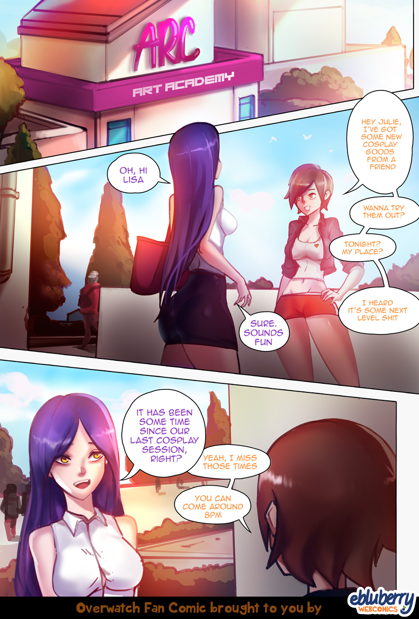 2024 chapter_1 comic comic_page cosplay ebluberry english_text overwatch overwatch_2 purple_hair short_hair shorts skirt tracer tracer_(cosplay) widowmaker widowmaker_(cosplay)